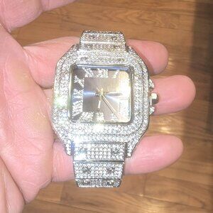Iced Out Square Face Watch Silver encrusted with Cubic Zirconia